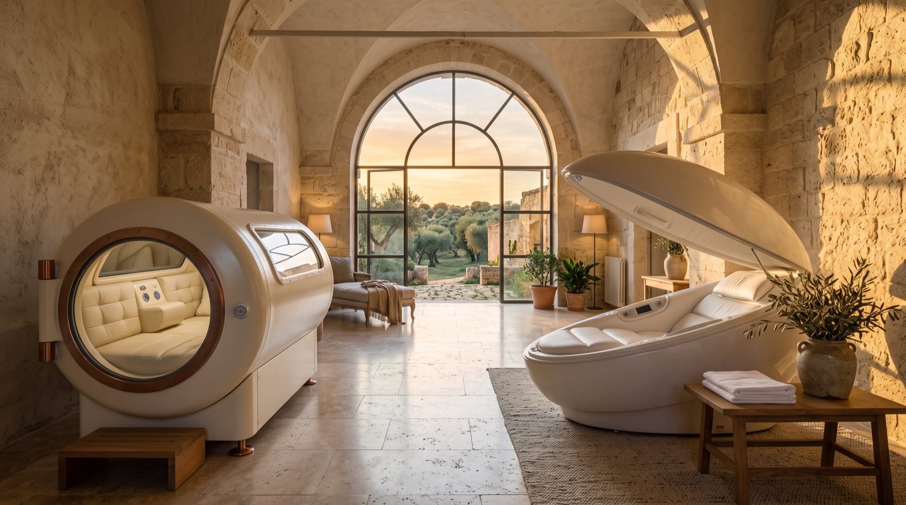 AELO Sanctuary, longevity equipment beneath a stone arch