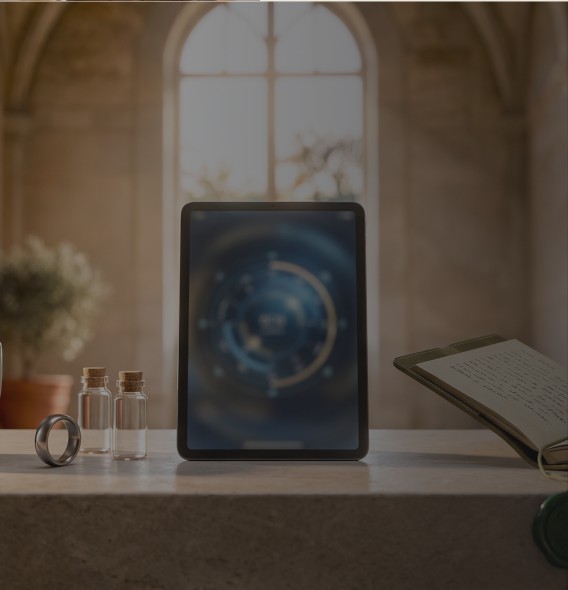 A guest tablet beside a handwritten notebook